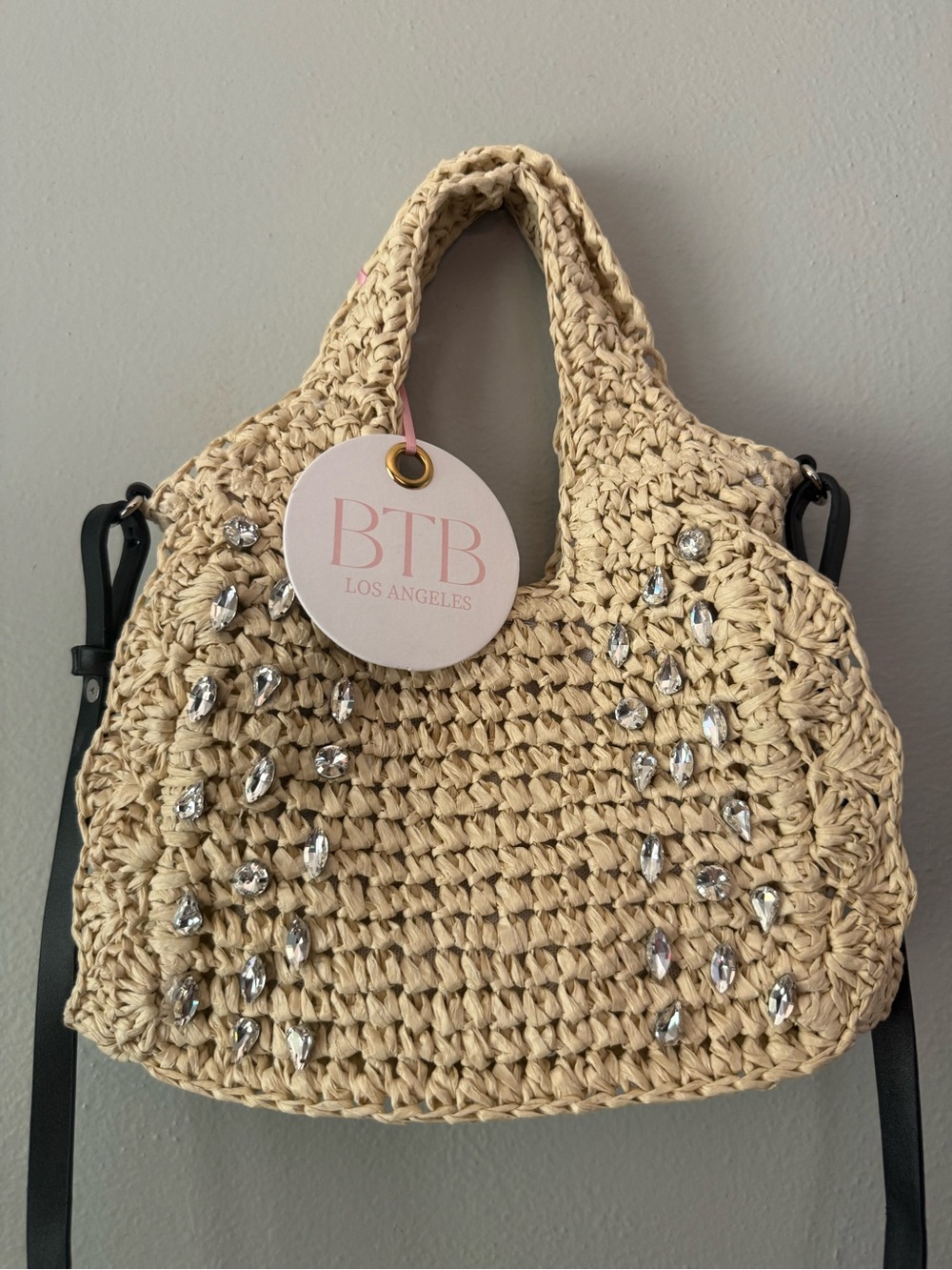 BTB Los Angeles Beige Crochet Tote with Crystal Embellishments